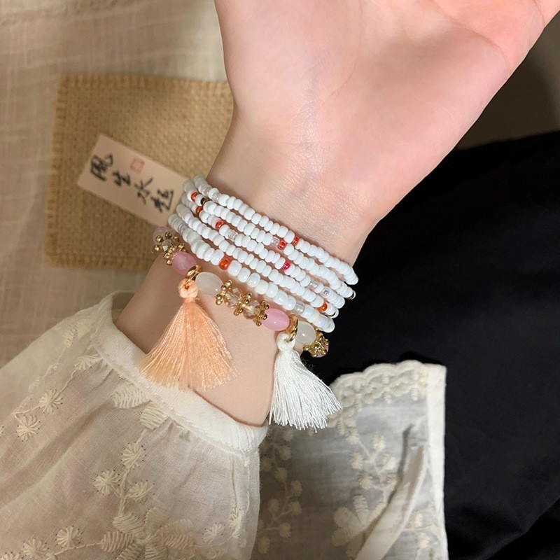 Vòng tay bohemian hạt kê đính cườm, phong cách retro nhẹ nhàng, phù hợp mùa hè