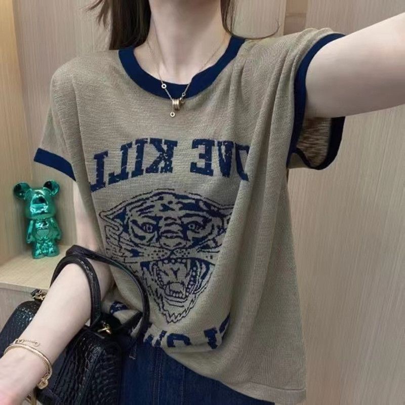 Áo thun Cotton nữ mùa hè 2024 mới thời trang in hình dáng rộng giảm béo tay ngắn nữ hàng đầu