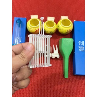 Combo Cóng sứ chào mào gắn sẵn tai tre (1 bộ cóng chợ ngẫu nhiên + 2 xiên tàu + 1 rọ + xúc nhựa + 2 cóng hút tàu)