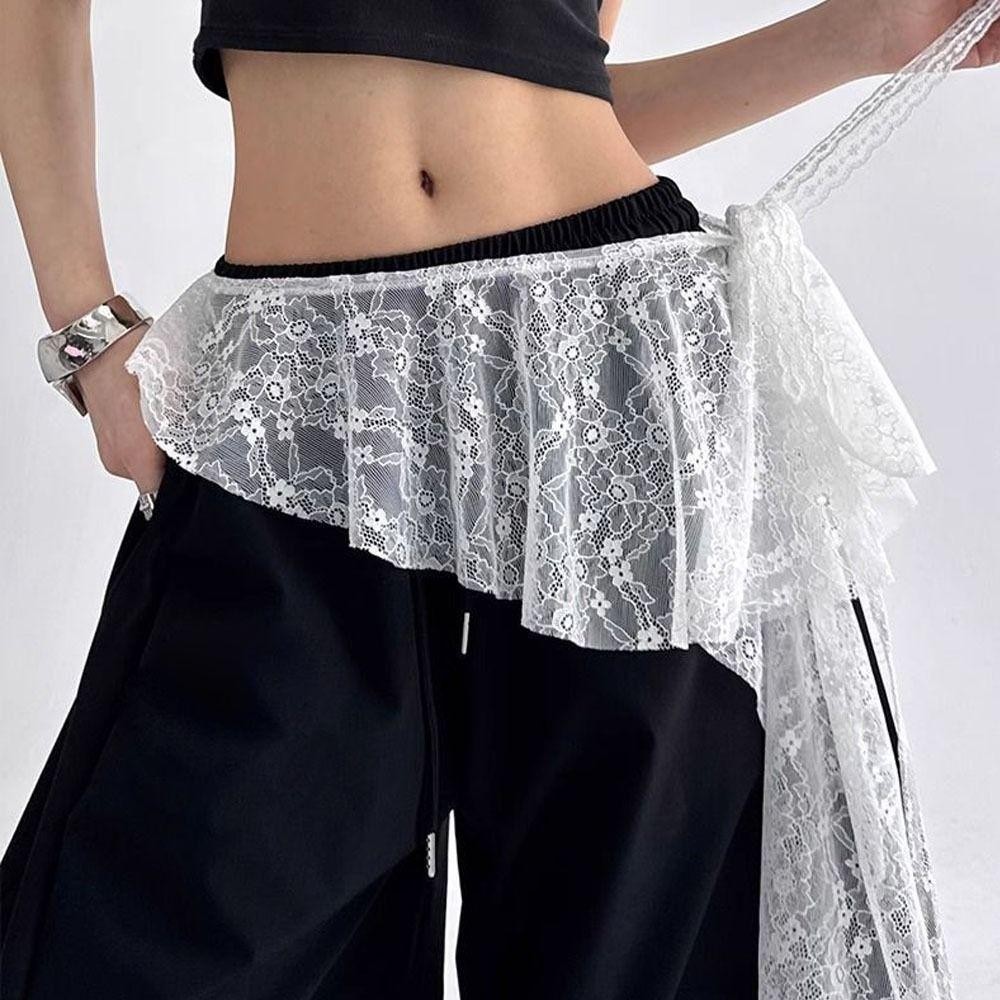 WOODNEST Ren Xù Váy, Thêu Hoa Không Đều Ren Mini Váy, Eo Cao Y2K Dạo Phố Bông Tai Kẹp Mông Rèm
