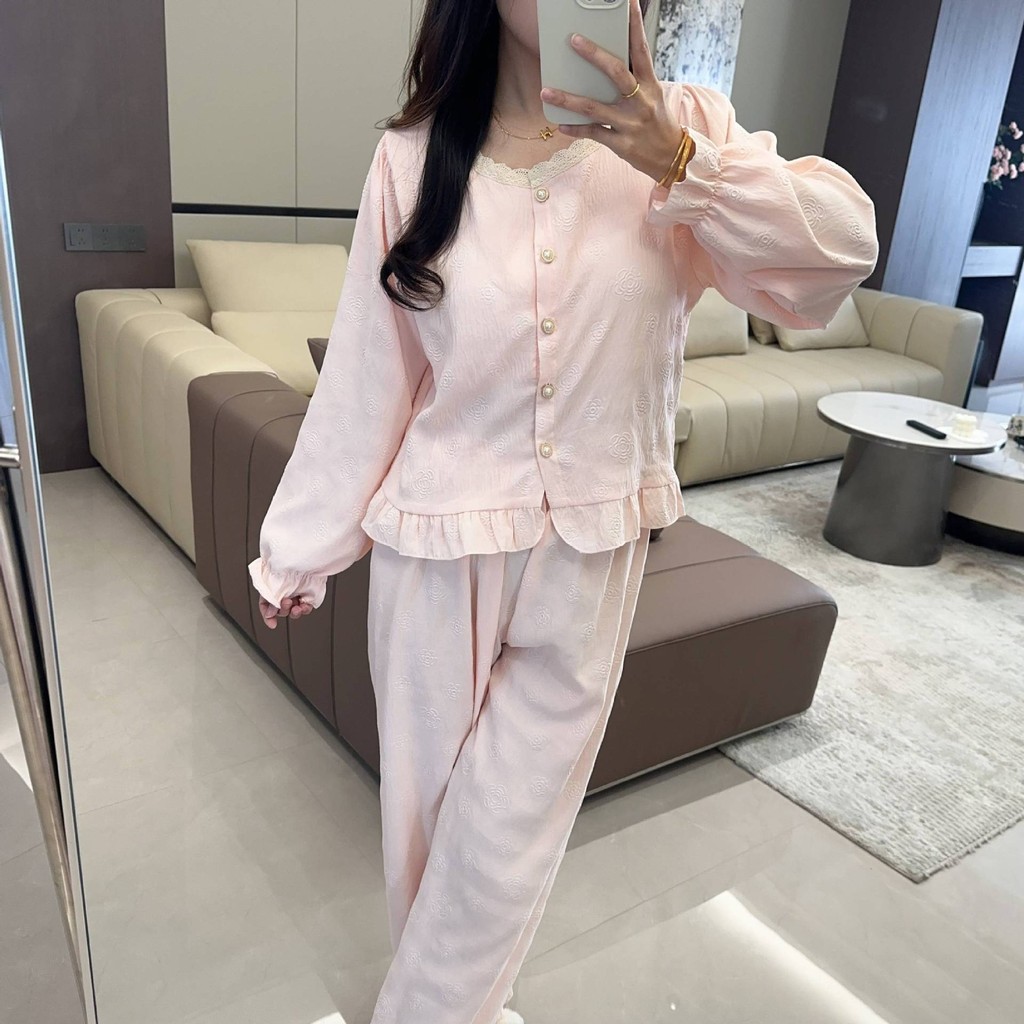 Bộ Đồ Ngủ Nữ Xuân Thu Dài Tay Quần 2025 Phong Cách Mới Cao Cấp Ngọt Ngào Sang Trọng Quần Áo Nhà Có Miếng Lót Ngực