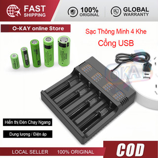 Phiên Bản Nâng Cấp Sạc Pin Tự Ngắt Có Đèn Báo Khi Đầy, 4 Khe Cao Cấp Dành Cho Pin 18650 AA, Chất Lượng Cao, Giá Tốt, Fre