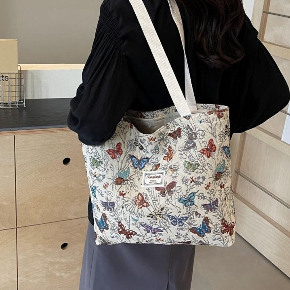 Túi đeo vai HOBBYIN, Túi Tote nữ dày bằng vải Canvas, Túi xách Jacquard in hoa bướm dung tích lớn thông thường