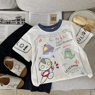 Áo thun ngắn tay cotton mới cho bé trai mùa hè, phong cách Hàn Quốc, in hoạt hình, áo cổ tròn màu sắc cho trẻ em