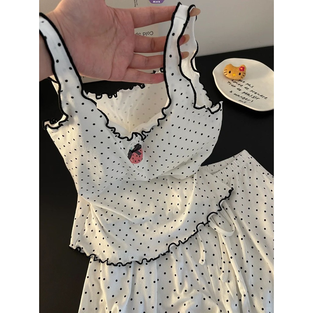 Suspenders với miếng đệm ngực Bộ pyjama nữ mùa hè phiên bản Hàn Quốc chấm bi dâu tây ngọt ngào và dễ thương Homewear Suit [BL]