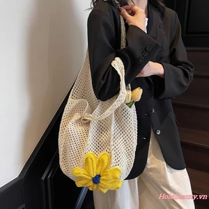 Túi Tote Nữ Slouchy Bohemian 3D Hoa Dệt Ví Đeo Vai Túi Xách Lớn Cho Du Lịch Đi Biển Đại Học