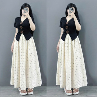 Set bigsize nữ chân váy chấm bi lưng chun dáng dài phối áo thun đính hoa tiểu thứ vintage Set A275+ CV422