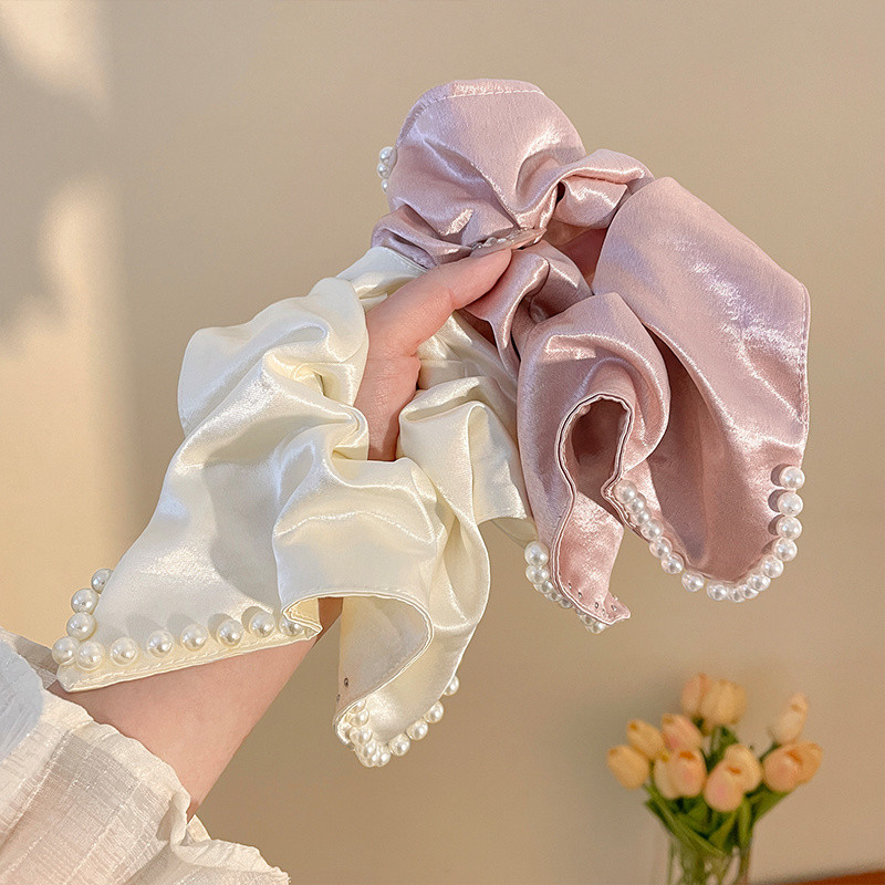 Dây buộc tóc vuông satin ngọc trai kiểu Pháp, khăn vuông oversized, dây buộc tóc thanh lịch cho đuôi ngựa thấp, phụ kiện tóc YBDJ