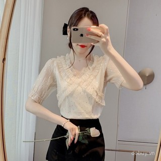 2025 Mùa hè Mới về Áo chiffon sequin xếp nếp siêu nữ tính cho phụ nữ