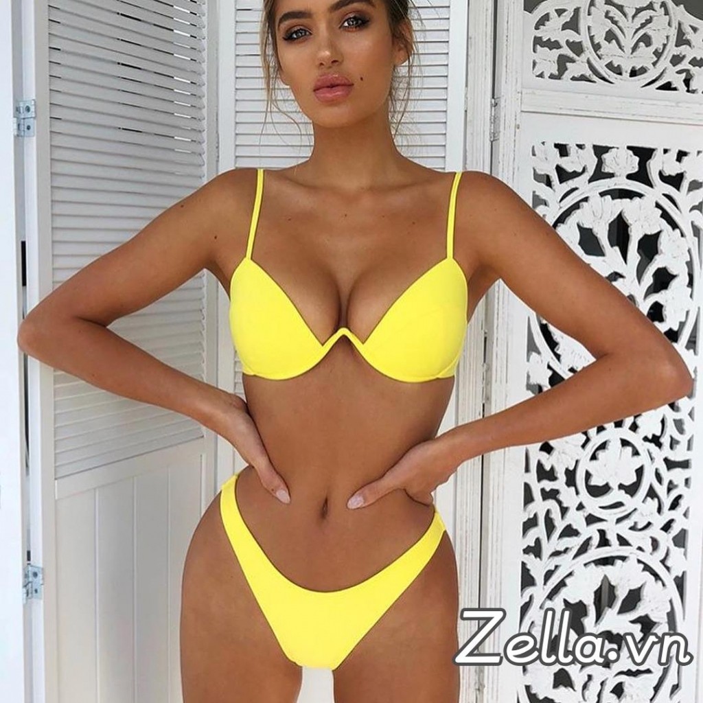 Bộ Bikini nữ push-up đệm màu trơn eo thấp đồ bơi cho mùa hè