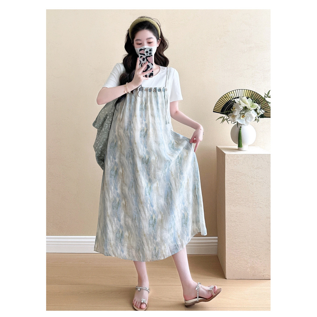 Trang phục bà bầu mùa hè phiên bản Hàn Quốc tie-dye khâu hai mảnh giả