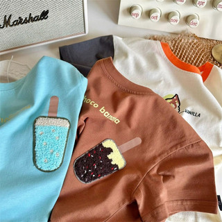 Áo thun cotton ngắn tay mùa hè cho bé trai và bé gái, thêu hình kem hoạt hình, áo trẻ em thường ngày