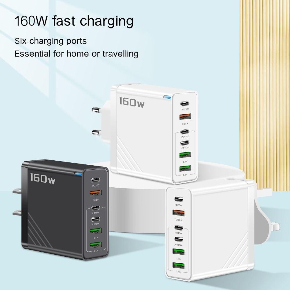 Ổ cắm sạc HOBBYIN 160W, có đèn LED EU / US / UK Bộ sạc điện thoại, USB A + C 6 cổng PD QC3.0 Bộ sạc đa cổng cho / /