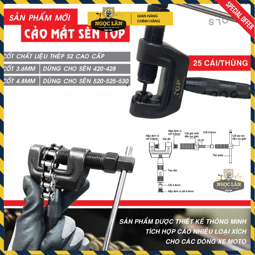[Chính hãng TOP] Cảo mắt sên TOP, Vam tháo đột xích xe máy 3.6mm 4.8mm  thép đúc nguyên khối cao cấp