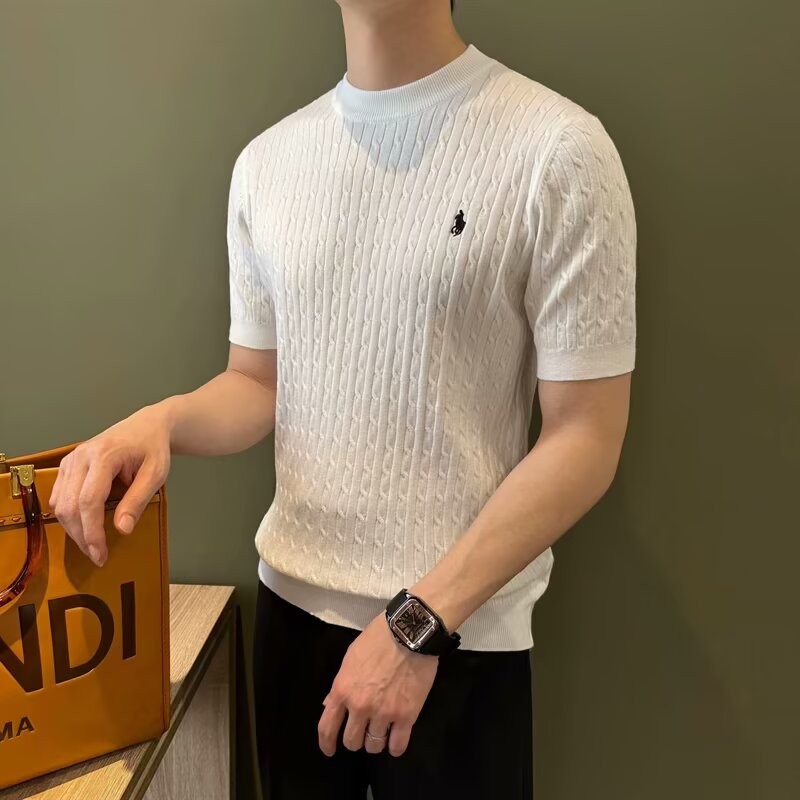 Mùa hè Mới Thêu Đan Tay Ngắn Nam Slim Fit Áo Thun Công Sở Thường Ngày