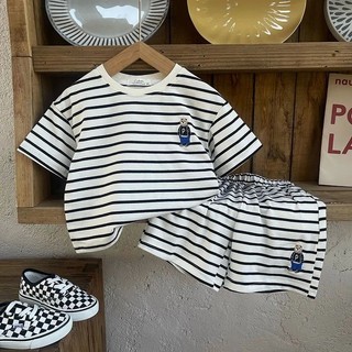 Bộ đồ cotton mùa hè cho trẻ em, áo thun ngắn tay thêu sọc và quần short hai mảnh cho bé trai và bé gái