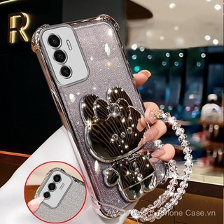 Ốp lưng cho VIVO v20 pro v21 v23 v23e 5g, mềm mại, trong suốt, bốn góc dày, ốp điện thoại silicone mạ, gương trang điểm thỏ có giá đỡ, ốp silicone XXXDA