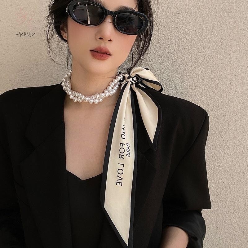 HNKMP Faionable Chấm Bi Khăn Thắt Lưng Dành Cho Nữ Trang Trí Ngọc Trai Nối Cổ Ruy Băng Sọc Thanh Lịch.