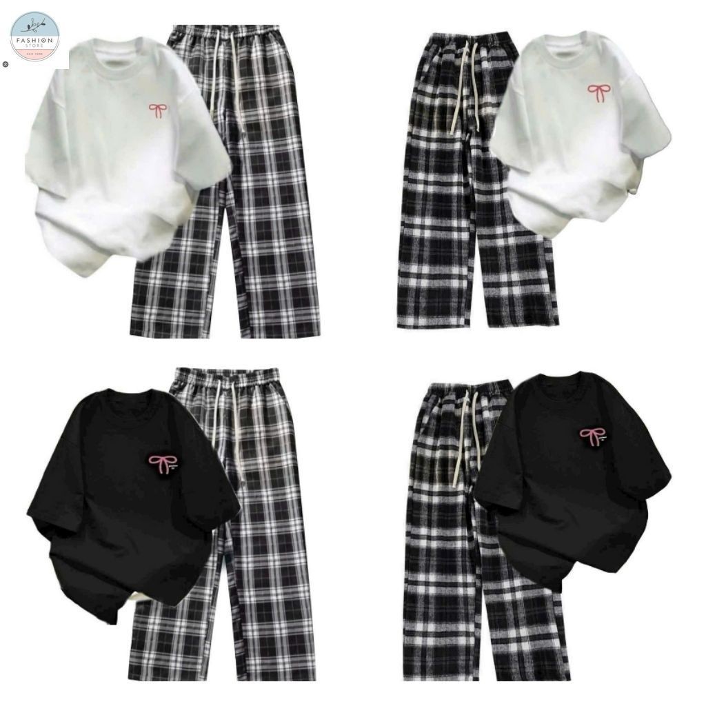 [ Hàng Mới ] Sét Bộ Quần Kẻ caro+ mix áo phông form rộng -nơ AN PHA in ngựC-quanao94