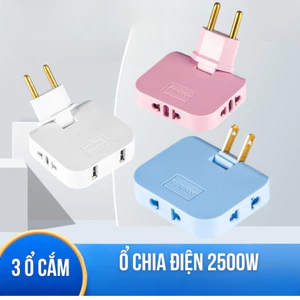 Ổ cắm chia điện 2500W nhỏ gọn tiện lợi xoay 180 độ chia 3 chân tròn dẹt với màu đen trắng xanh hồng pm