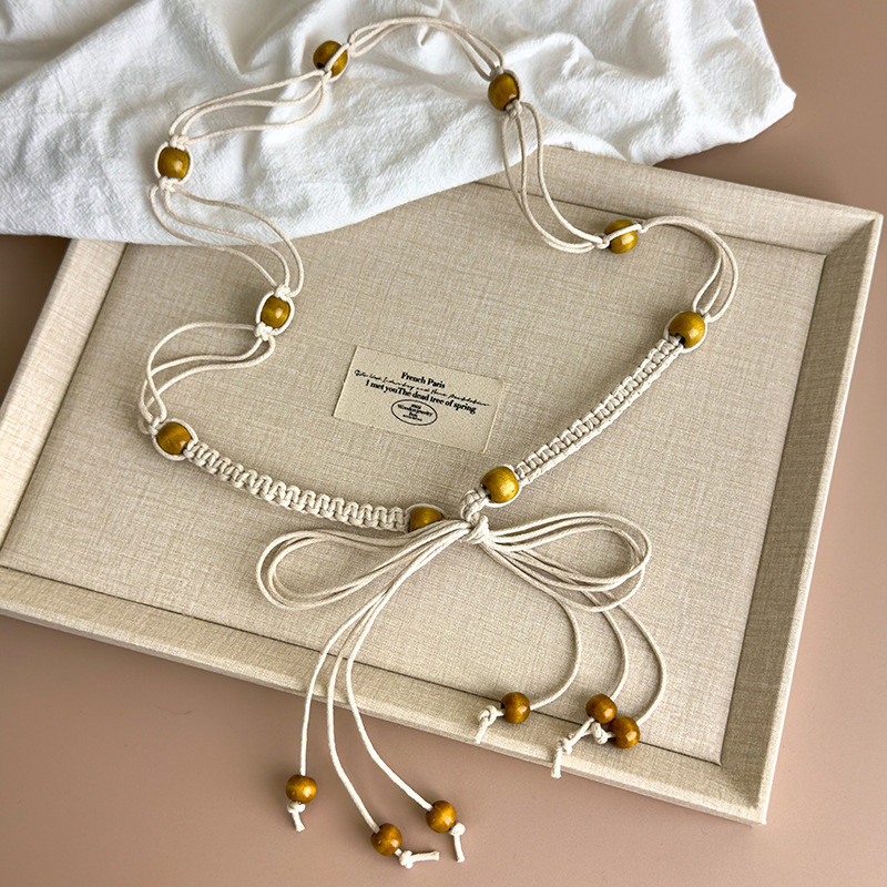 Thắt lưng bohemian phong cách dân tộc nâu, bện viền, phù hợp với váy