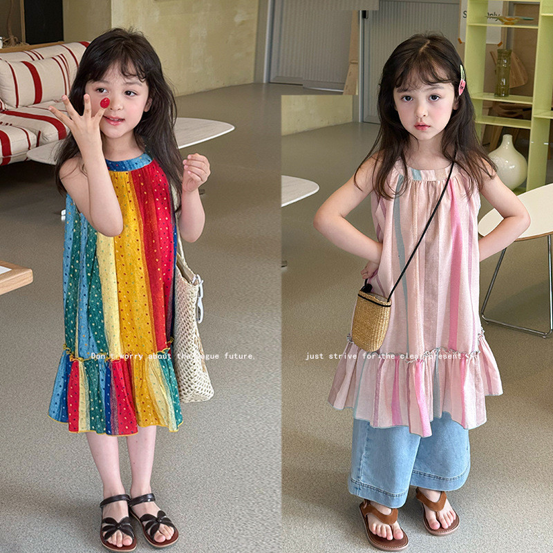 SY6 Bé Gái Giải Trí Kỳ Nghỉ Phong Cách Đầm Mùa Hè Cầu Vồng Đuôi Cá Ren Đầm Công Chúa YS6