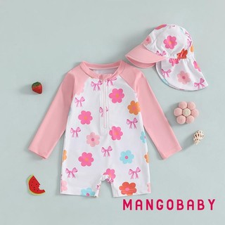 MG-Toddler Girl Dài Tay Đồ Bơi Hoa / Nơ / Dâu In Nửa Dây Kéo Chống Đập Rash Guard Đồ Bơi Sunhat Set