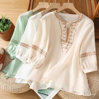 Nữ Mùa Hè Vải Lanh Cotton Thêu Retro Áo Sơ Mi 3/4 Tay Rời Plus Size Mỏng