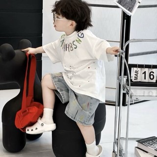 Mùa hè Cotton Nguyên Chất Bé Trai Bé Gái Phiên Bản Hàn Quốc Phù Hợp Với Trẻ Em Nhỏ Áo Thun Tay Ngắn Cho Bé + Quần Short Denim Thường Ngày Bộ Đồ Hai Mảnh