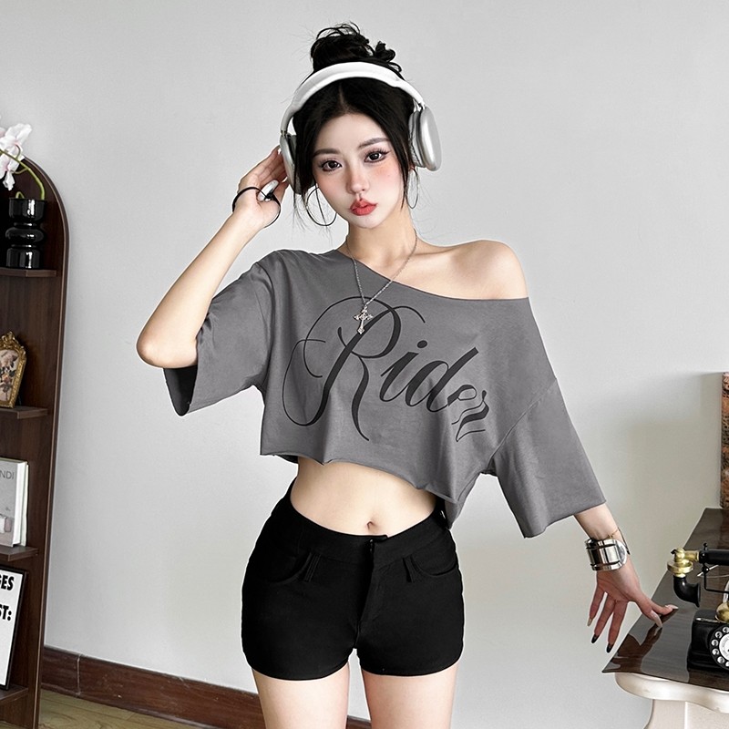 Klalien Áo Thun Gợi Cảm Cổ Tròn Vai Baring Tay Ngắn Rốn Lộn Chữ Cổ Điển In Hình Mùa Hè Hot Chick Thường Ngày 2025 Thời Trang Phụ Nữ Mới