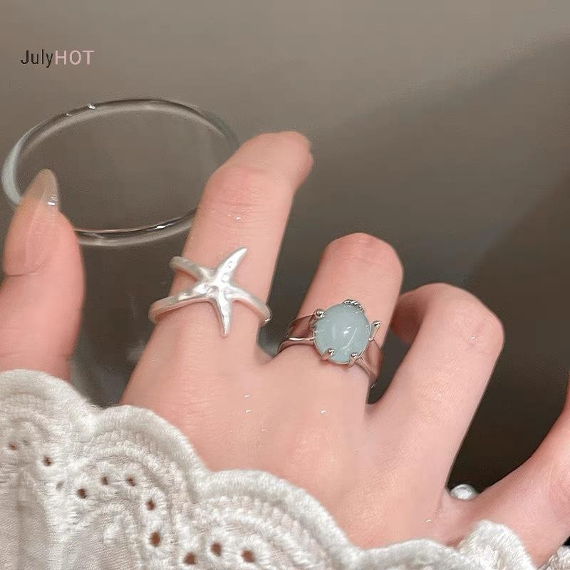 JULYHOT 2 Cái / bộ Ngọt Ngào Sao Biển Xanh Zircon Mở Nhẫn Dành Cho Nữ Bé Gái Phong Cách Đại Dương Đơn Giản Ngôi Sao Ngón Tay Nhẫn Trang Sức Thẩm Mỹ Y2K Phụ Kiện Massivedeals