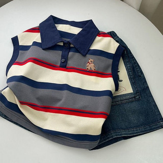 Áo vest polo mùa hè mới cho bé trai và bé gái, thêu gấu, áo phông không tay sọc cho trẻ em