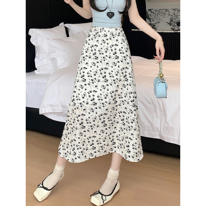 SUXI Váy chữ A họa tiết hoa lưng cao kiểu Hàn Quốc mới mùa hè 250603