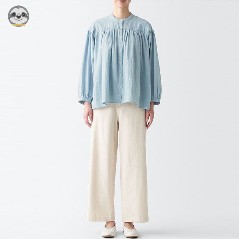 Phong cách Nhật Bản Muji Style / Áo kiểu dây rút dài tay bằng sợi hai lớp dành cho nữ / dáng rộng mỏng hơn trông ngắn hơn