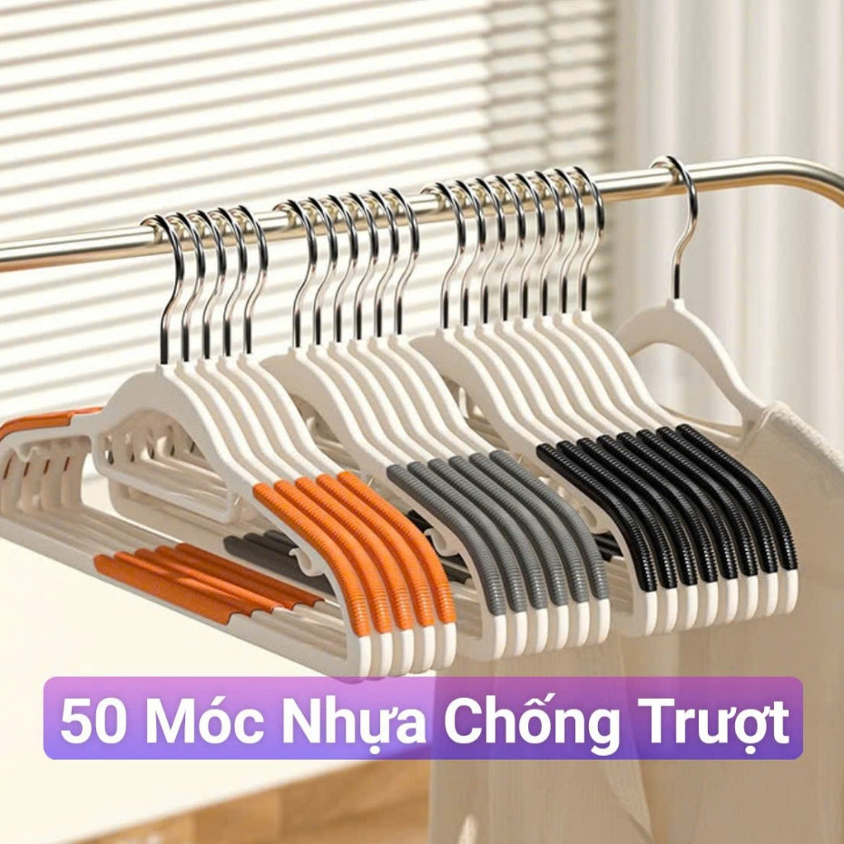 Combo 50 Móc treo quần áo chống trượt, Móc treo đồ chống tuột, Móc nhựa cao cấp, dày dặn - BB