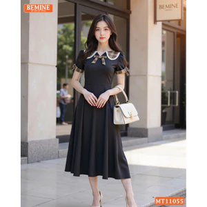 Đầm thiết kế BEMINE cổ sen phối caro viền ren dáng chữ A phù hợp đi làm-MT11055