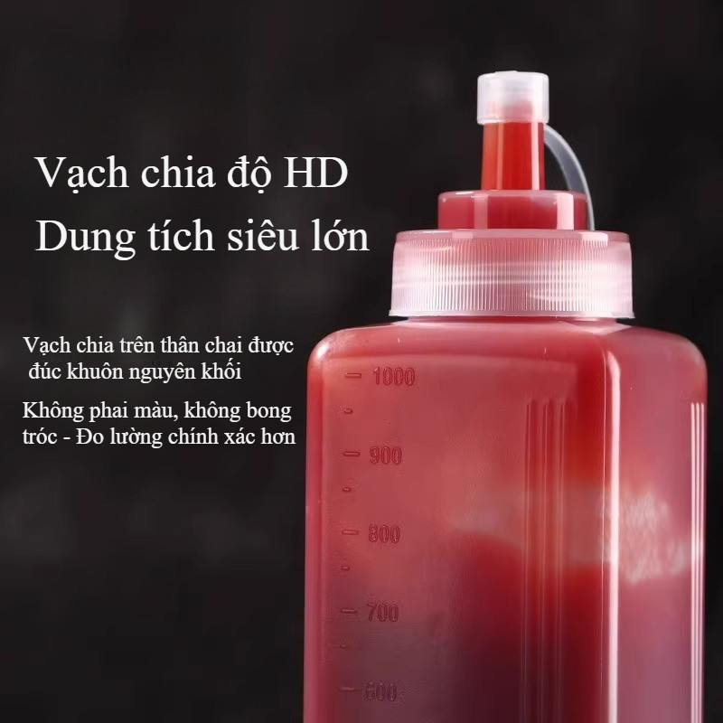 Bình nhựa đựng nước sốt chia vạch 800-1000ml, nắp chống bung, ép đùn cỡ nòng lớn