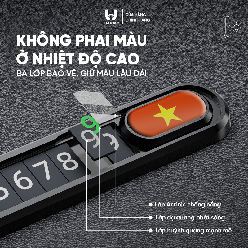 Bảng số điện thoại ô tô UHERO logo cờ tổ quốc gắn taplo tiện lợi, bộ số nam châm phản quang