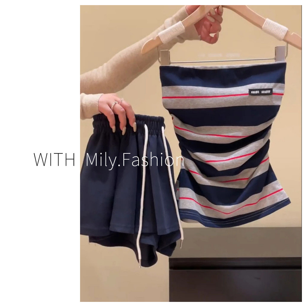 Milyfashion Màu Sắc Tương Phản với Miếng Lót Ngực Sọc Ống Top Bên Ngoài Mặc Mỏng Ngắn Áo Không Tay Cho Nữ