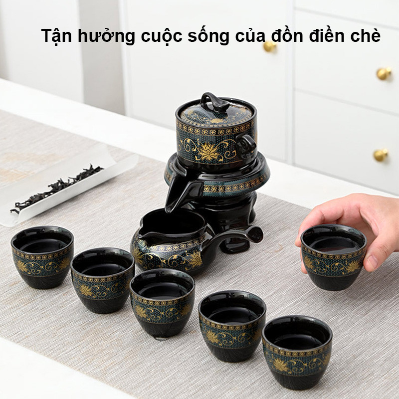 Bộ Ấm Chén Pha Trà Cối Xay Xanh Đen Vàng,Bộ Ấm Pha Trà Bằng Đá Than Chì,6 cái cốc