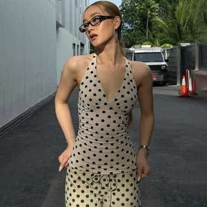 Klalien Thời Trang Dây Chữ v Cổ Áo Vest Nữ Ren-Up Backless Chấm Bi In Không Tay Skinny Mùa Hè Hàng Ngày Đường Phố Đa Năng Áo