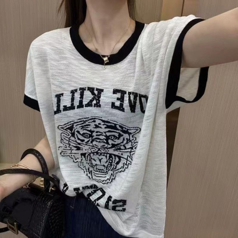Áo thun Cotton nữ mùa hè 2024 mới thời trang in hình dáng rộng giảm béo tay ngắn nữ hàng đầu