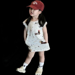 Váy thun ngắn tay bé gái cotton in họa tiết dễ thương, váy trẻ em vừa và nhỏ