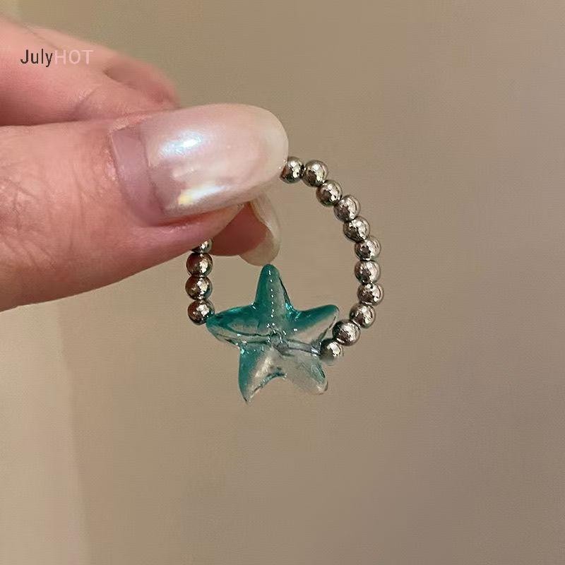 JULYHOT 2 Cái / bộ Ngọt Ngào Sao Biển Xanh Zircon Mở Nhẫn Dành Cho Nữ Bé Gái Phong Cách Đại Dương Đơn Giản Ngôi Sao Ngón Tay Nhẫn Trang Sức Thẩm Mỹ Y2K Phụ Kiện Massivedeals