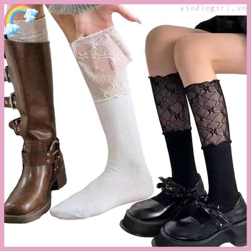 Vua Nữ Trên Bê Ruffle Frilly Boot Tất Ren Chắp Vá Gân Tất Đầu Gối