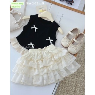 10-37kg (hàng thiết kế) set áo nơ ren đen mix chân váy rem tầng Sofia