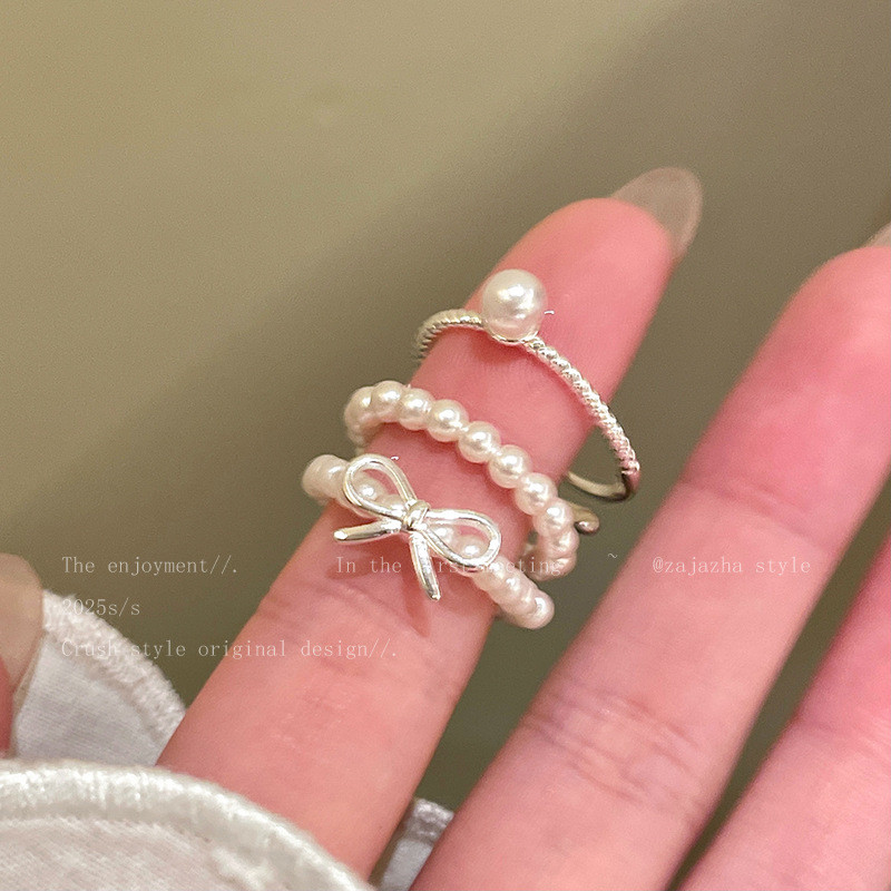 Nhẫn hạt ngọc trai nơ cho phụ nữ, phong cách Hàn Quốc, thiết kế độc đáo, nhẫn ngón trỏ, cảm giác sang trọng nhẹ nhàng, nhẫn cao cấp có thể xếp chồng lên nhau