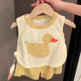 Bộ áo vest và quần short mùa hè cho trẻ em, phong cách Hàn Quốc, bé trai và bé gái, túi vịt dễ thương, bộ hai mảnh màu vàng thoải mái