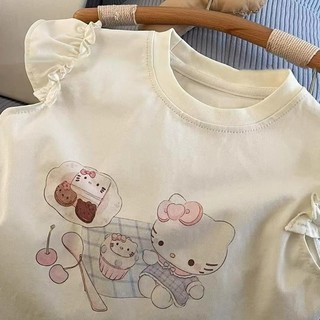 Áo thun cotton tay ngắn mùa hè phong cách Hàn Quốc cho bé gái, in hình mèo KT dễ thương, áo tay bèo cho trẻ em