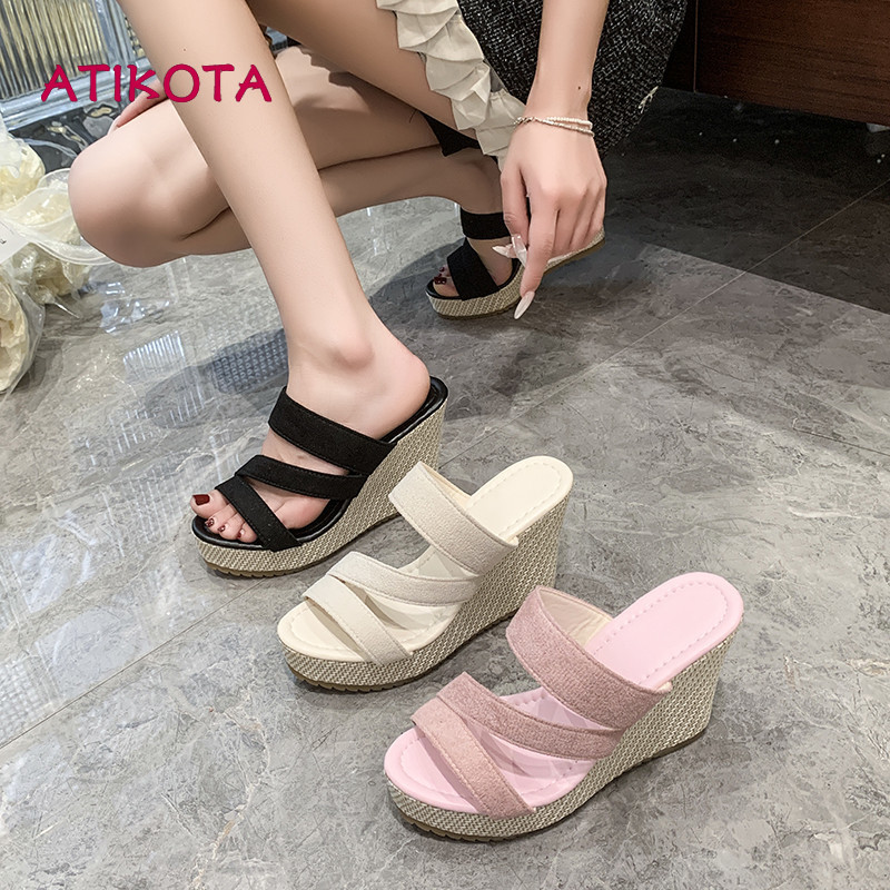 Atikota Nữ Nêm Sandal Tăng Chiều Cao Thoải Mái Mũi Tròn Thời Trang Dép